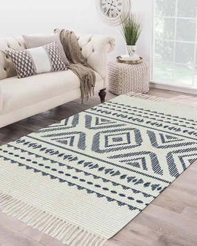 Blue Boho Large Runner Rug 4X6 Ft Living Room Area Rug, Washable Woven Throw Carpet with Tassel, Bohemian Tribe Country Geometric Stripes Non-Shedding Bedroom Office Carpets