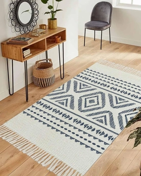 Blue Boho Runner Rug 3X5 Ft Bedroom Area Rug, Washable Woven Throw Carpet with Tassel, Bohemian Tribe Country Geometric Stripes Non-Shedding Dining Room Living Room Carpets
