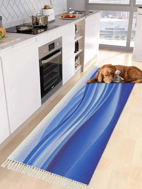 Blue Marble Kitchen Hallway Runner Rug 2X5 Ft Carpet, Washable Woven Throw Carpet with Tassel, Modern Minimalist Abstract Striped Aesthetic Non-Shedding Entryway Laundry Rugs