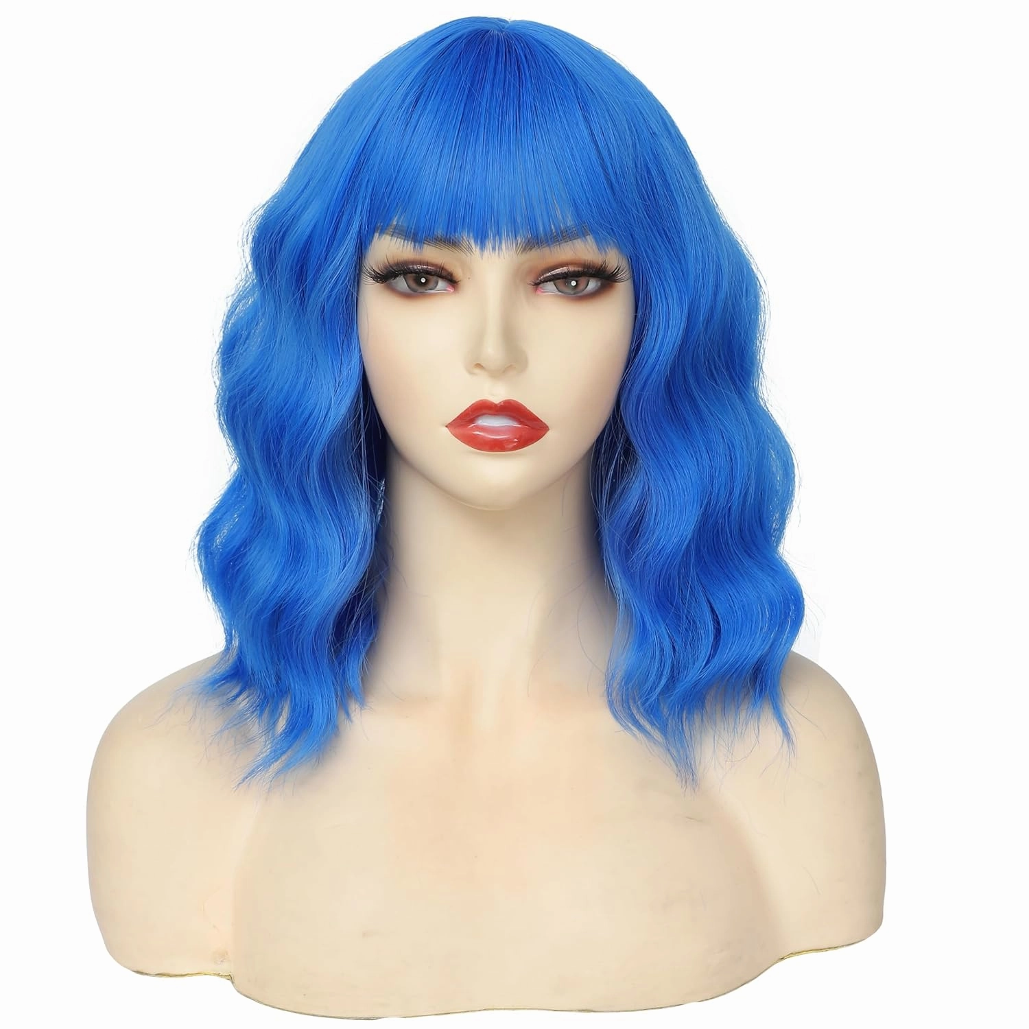 Blue Wig for Women Short Wavy Wigs with Bangs Bob Curly Wig Women's Colorful Wigs Shoulder Length Synthetic Heat Resistant Fiber Wigs for Cosplay Halloween Costume Party(14 Inches)