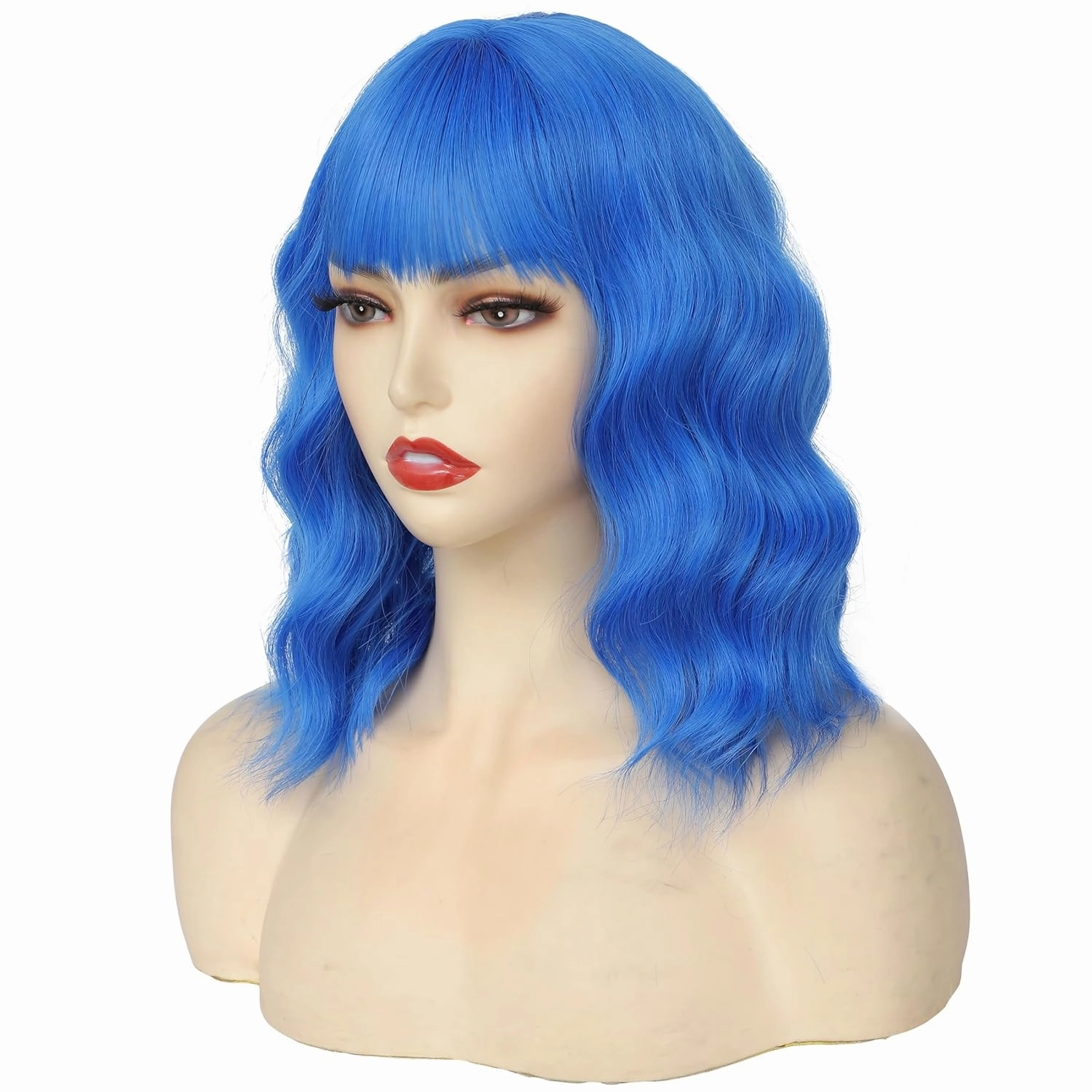 Blue Wig for Women Short Wavy Wigs with Bangs Bob Curly Wig Women's Colorful Wigs Shoulder Length Synthetic Heat Resistant Fiber Wigs for Cosplay Halloween Costume Party(14 Inches)