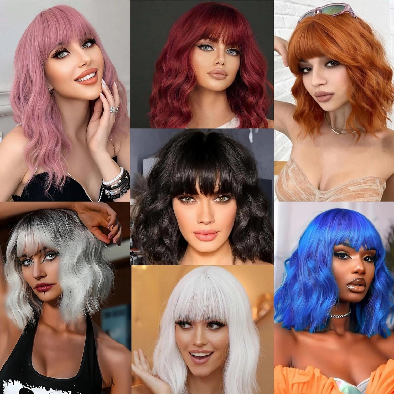 Blue Wig for Women Short Wavy Wigs with Bangs Bob Curly Wig Women's Colorful Wigs Shoulder Length Synthetic Heat Resistant Fiber Wigs for Cosplay Halloween Costume Party(14 Inches)