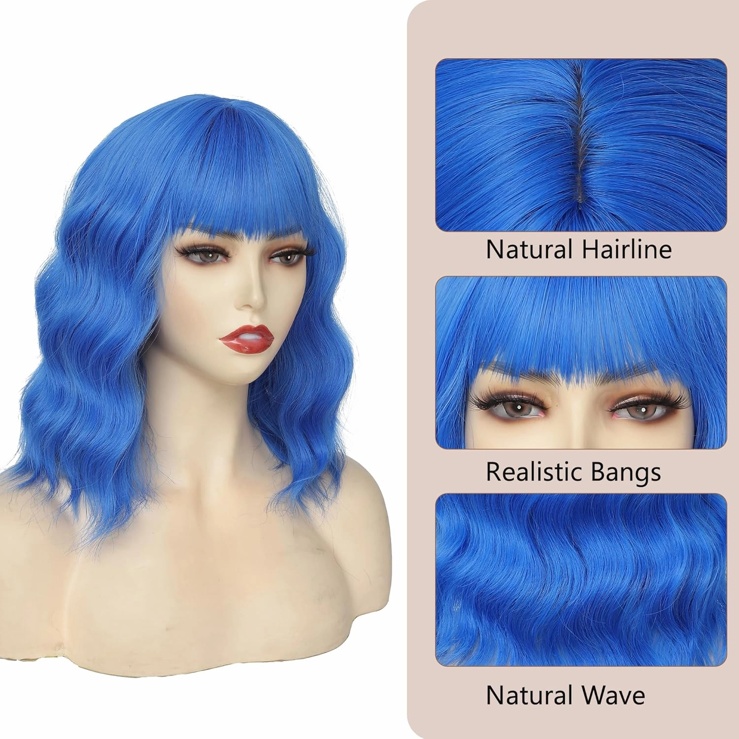 Blue Wig for Women Short Wavy Wigs with Bangs Bob Curly Wig Women's Colorful Wigs Shoulder Length Synthetic Heat Resistant Fiber Wigs for Cosplay Halloween Costume Party(14 Inches)