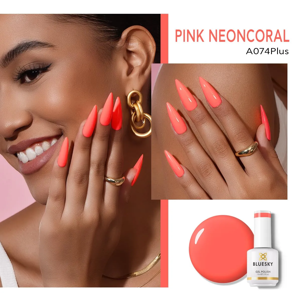 BLUESKY Gel Polish- Bright Coral Pink Soak Off Gel Polish,Vegan,Long Lasting&Chip Resistant,Nail Art,DIY at home, Nail Lamp Needed,15ml,A074P/PINK NEON CORAL