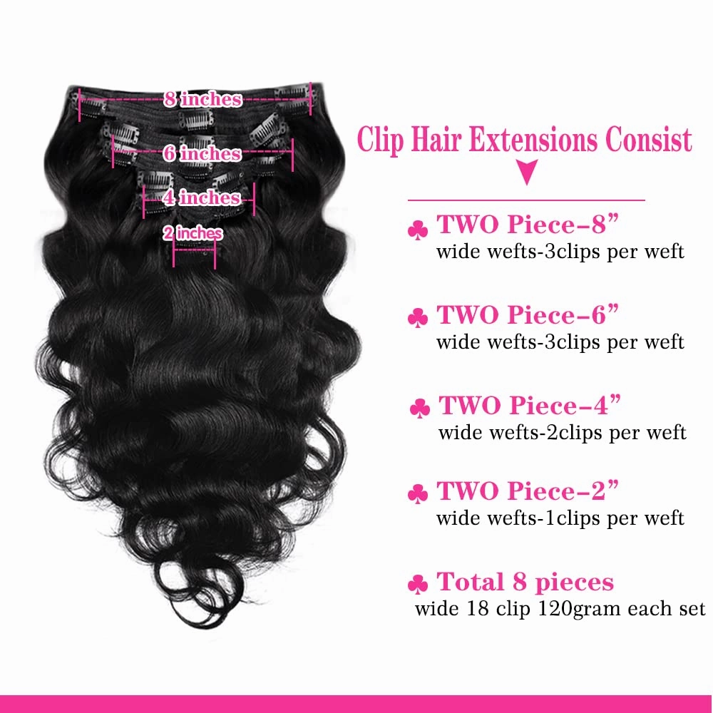 Body Wave Brazilian Clip in Hair Extensions Human Hair 8Pcs Remy Hair Extensions Clip ins for Black Women with 18Clips 120g (18inch, Natural Black)