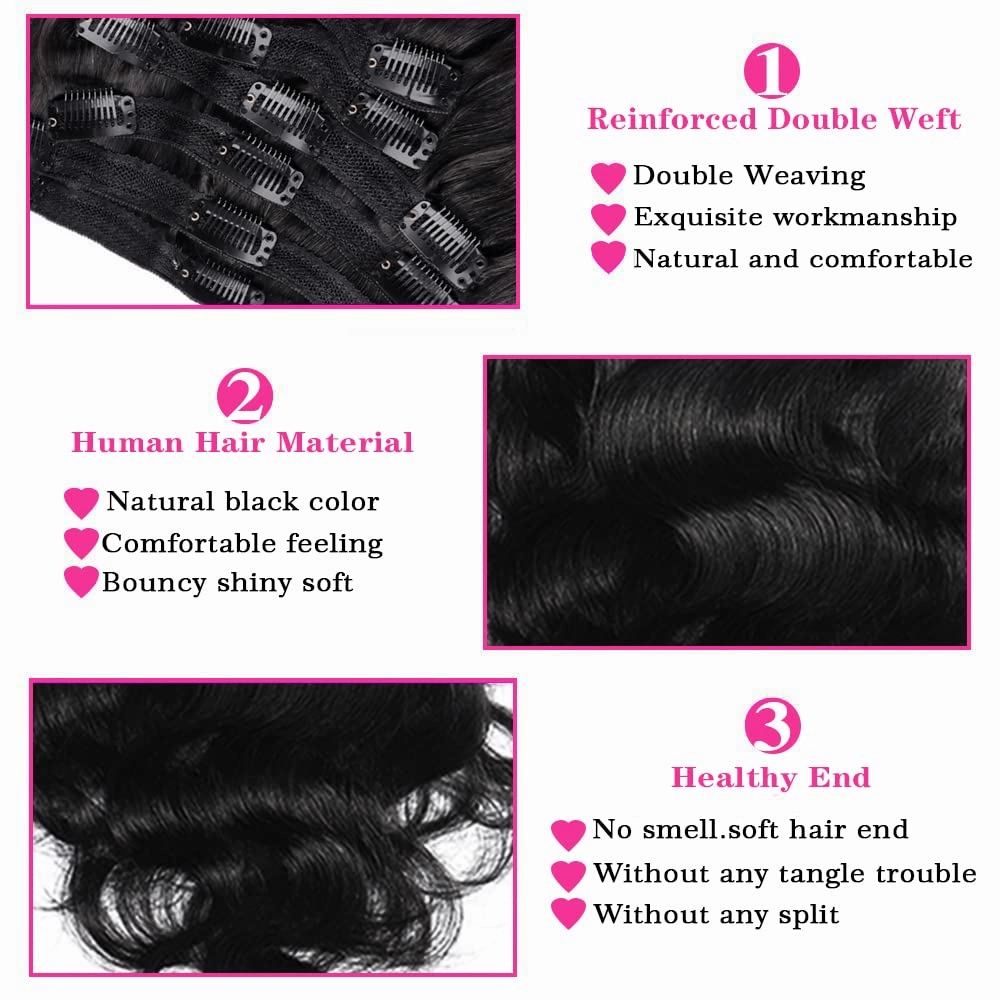 Body Wave Brazilian Clip in Hair Extensions Human Hair 8Pcs Remy Hair Extensions Clip ins for Black Women with 18Clips 120g (18inch, Natural Black)