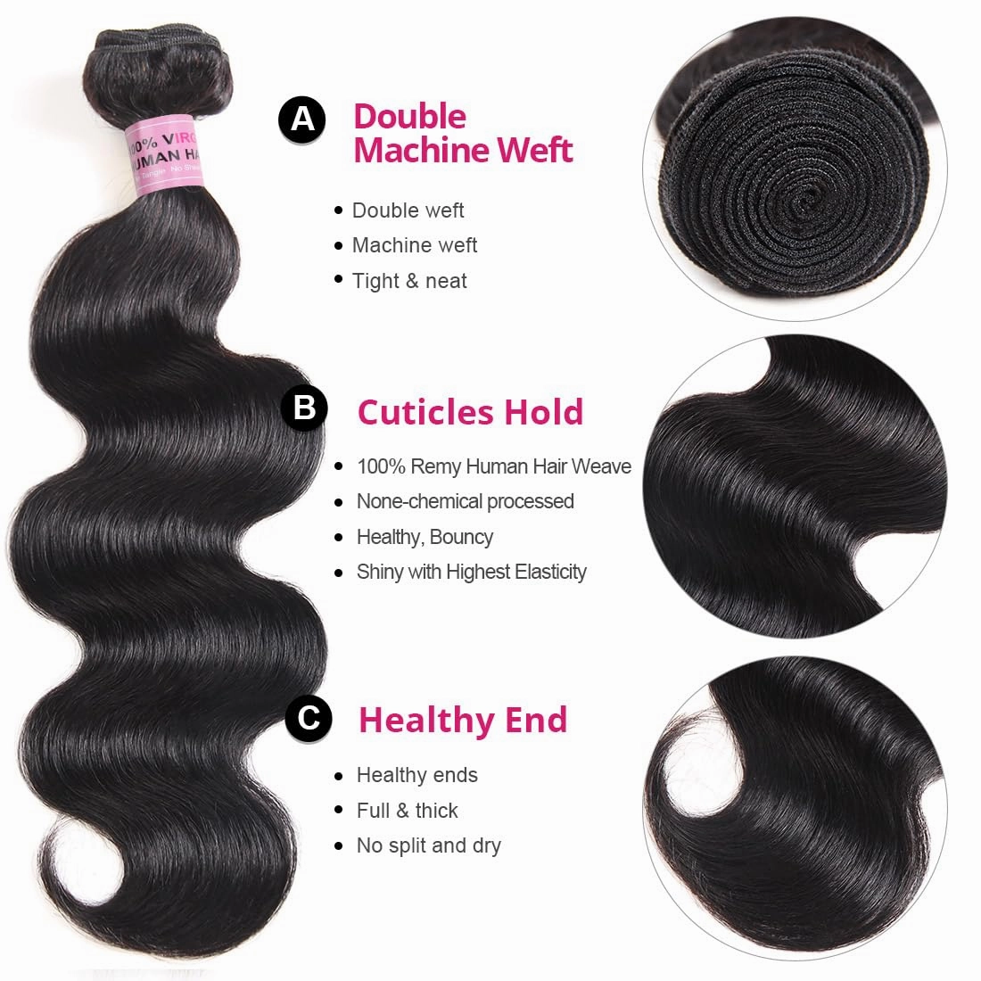 Body Wave Bundles Human Hair 14 16 18 Inch 3 Bundles Human Hair 10A Brazilian Body Wave Bundles 100% Unprocessed Brazilian Virgin Human Hair Weave Bundles Natural Color