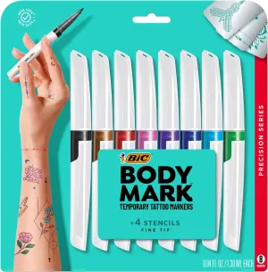 BodyMark Temporary Tattoo Markers for Skin, 8-Count Precision Series, Fine Tip, Assorted Colors, Skin-Safe & Cosmetic Quality, Cruelty-Free, Long Lasting, Stencils Included
