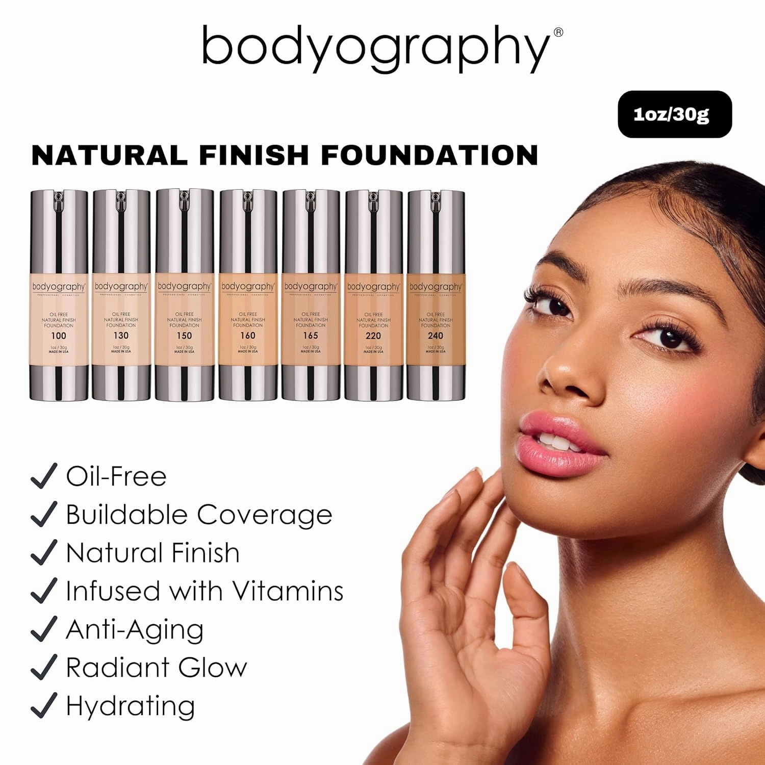 Bodyography Matte Foundation Makeup (Medium #165): Oil-Free Anti-Aging Salon Natural Finish w/ Vitamin E, C, Antioxidants | Vegan, Gluten-Free, Paraben-Free