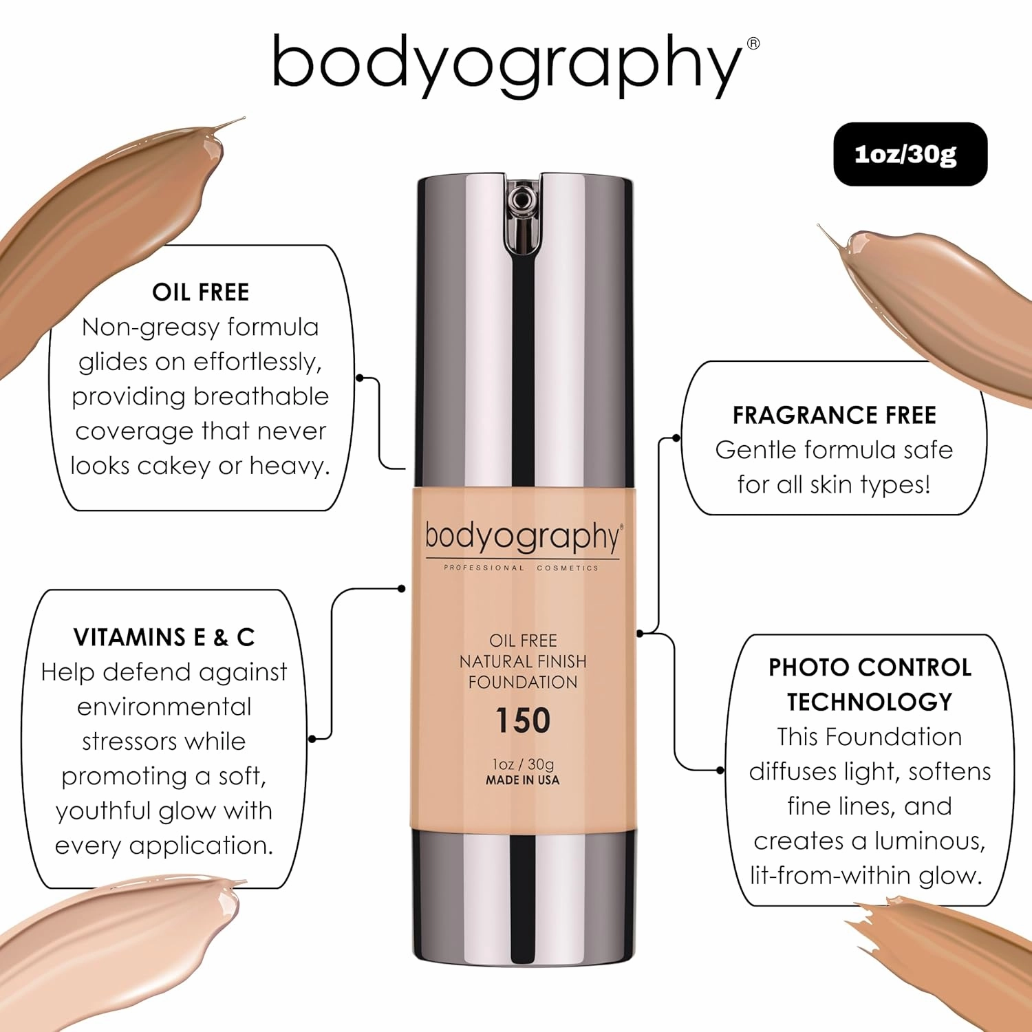 Bodyography Matte Foundation Makeup (Medium #165): Oil-Free Anti-Aging Salon Natural Finish w/ Vitamin E, C, Antioxidants | Vegan, Gluten-Free, Paraben-Free