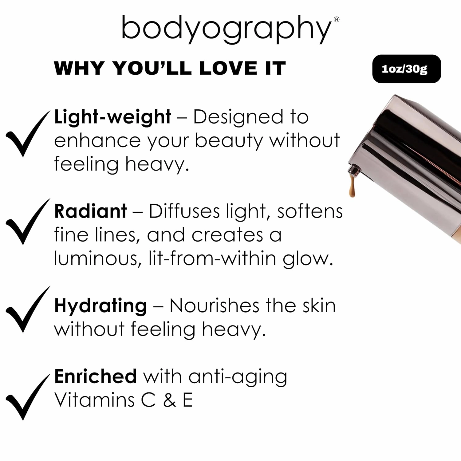 Bodyography Matte Foundation Makeup (Medium #165): Oil-Free Anti-Aging Salon Natural Finish w/ Vitamin E, C, Antioxidants | Vegan, Gluten-Free, Paraben-Free