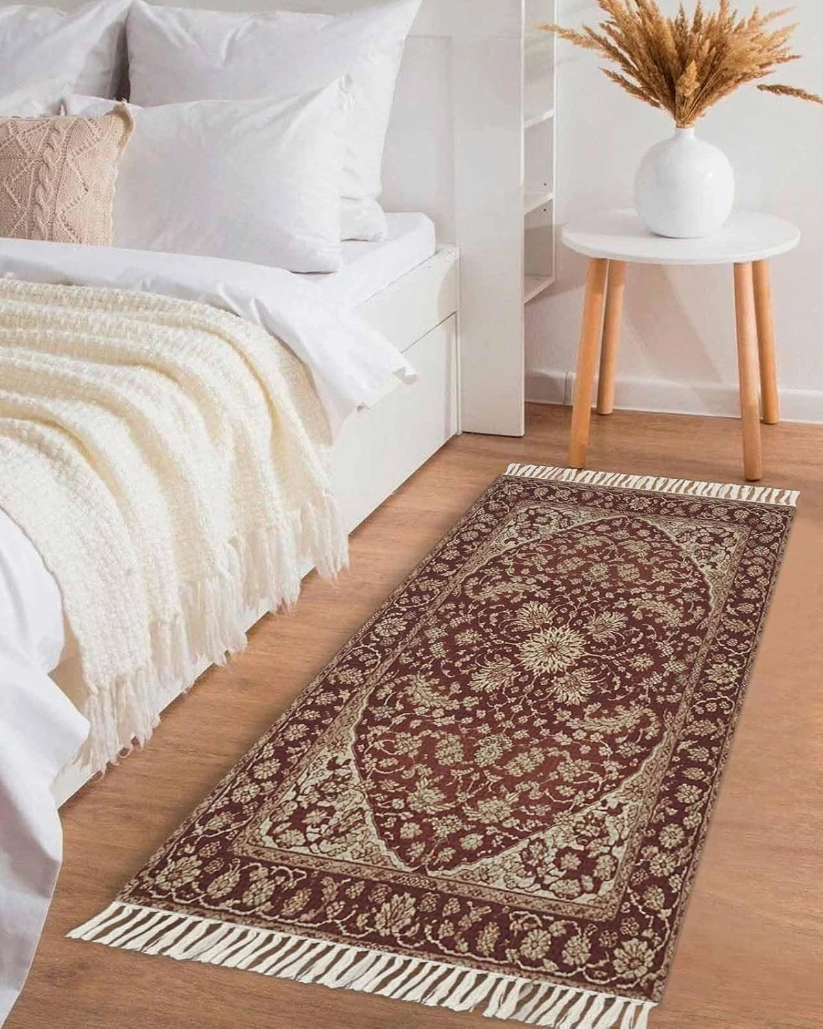 Boho Floral Kitchen Hallway Runner Rug 2X5 Ft Carpet, Washable Woven Throw Carpet with Tassel, Red Vintage Country Abstract Flowers Pattern Non-Shedding Entryway Laundry Rugs
