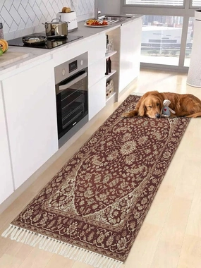 Boho Floral Kitchen Hallway Runner Rug 2X5 Ft Carpet, Washable Woven Throw Carpet with Tassel, Red Vintage Country Abstract Flowers Pattern Non-Shedding Entryway Laundry Rugs