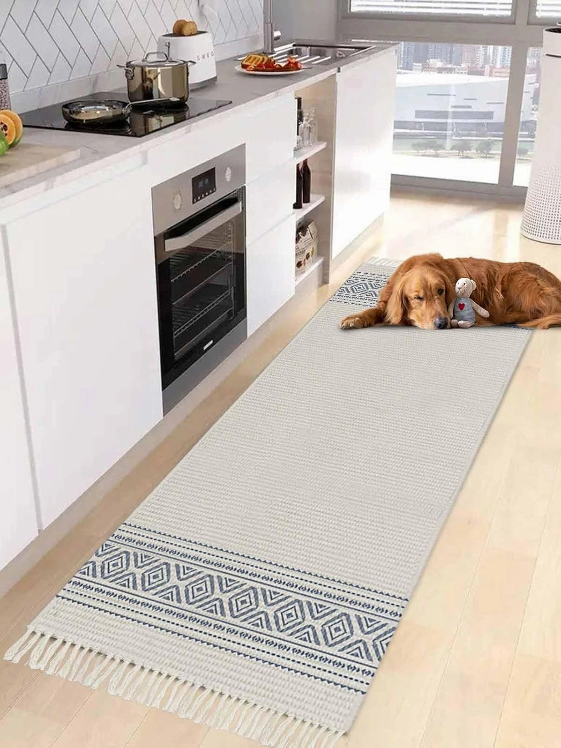 Boho Hallway Runner Rug 2X6 Ft Kitchen Carpet, Washable Woven Throw Carpet with Tassel, Blue Farmhouse Bohemian Abstract Geometric Art Non-Shedding Bedroom Laundry Rugs