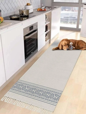 Boho Hallway Runner Rug 2X6 Ft Kitchen Carpet, Washable Woven Throw Carpet with Tassel, Blue Farmhouse Bohemian Abstract Geometric Art Non-Shedding Bedroom Laundry Rugs