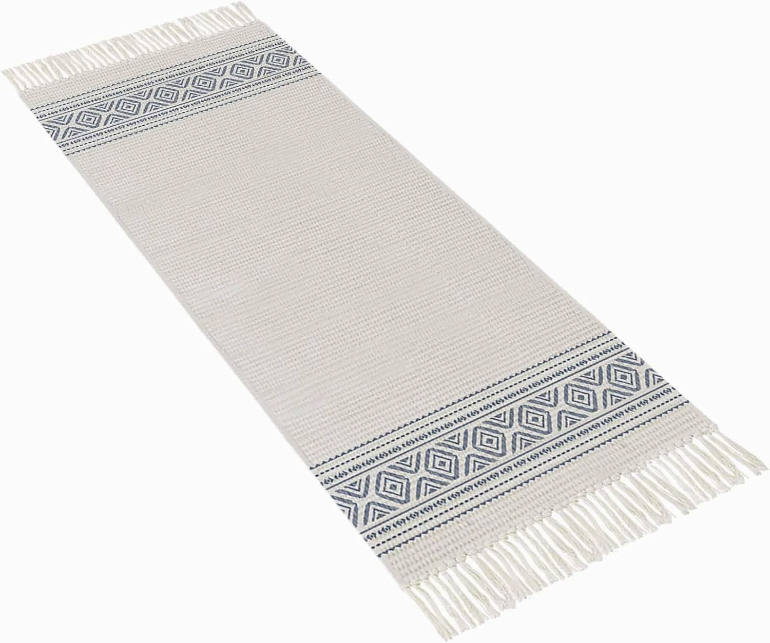 Boho Hallway Runner Rug 2X6 Ft Kitchen Carpet, Washable Woven Throw Carpet with Tassel, Blue Farmhouse Bohemian Abstract Geometric Art Non-Shedding Bedroom Laundry Rugs