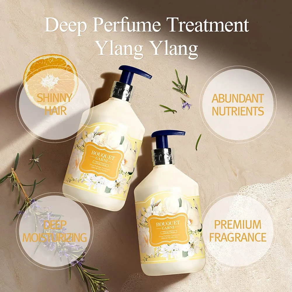 BOQUET GARNI Treatment Ylang Ylang - Long Lasting Fragrance Natural Hair Conditioner - Natrual Surfactant giving Soft and Soothing Cleansing to Scalp and Hair - Argan Oil, Protein, Amino - 16.9 Fl. oz