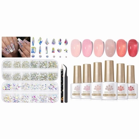 Born Pretty Nude Pink Jelly Gel Nail Polish Set with 2 Boxed Nail Rhinestones with Pick Up Tweezers and Nail Rhinestone Picker