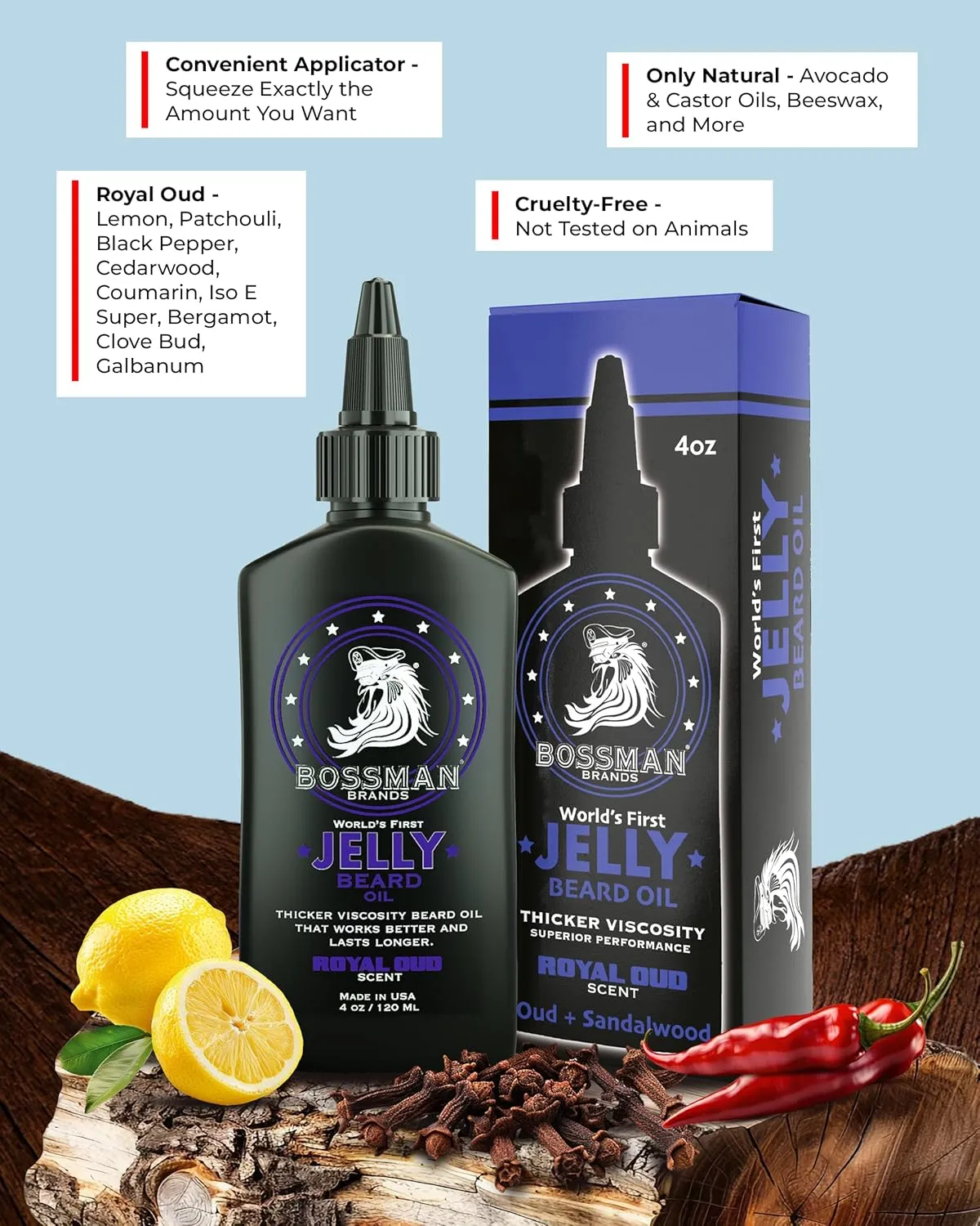 Bossman Jelly Beard Oil for Men (4 oz, Royal Oud Scent) – Softens, Moisturizes & Conditions with Natural Ingredients - Father's Day Gift