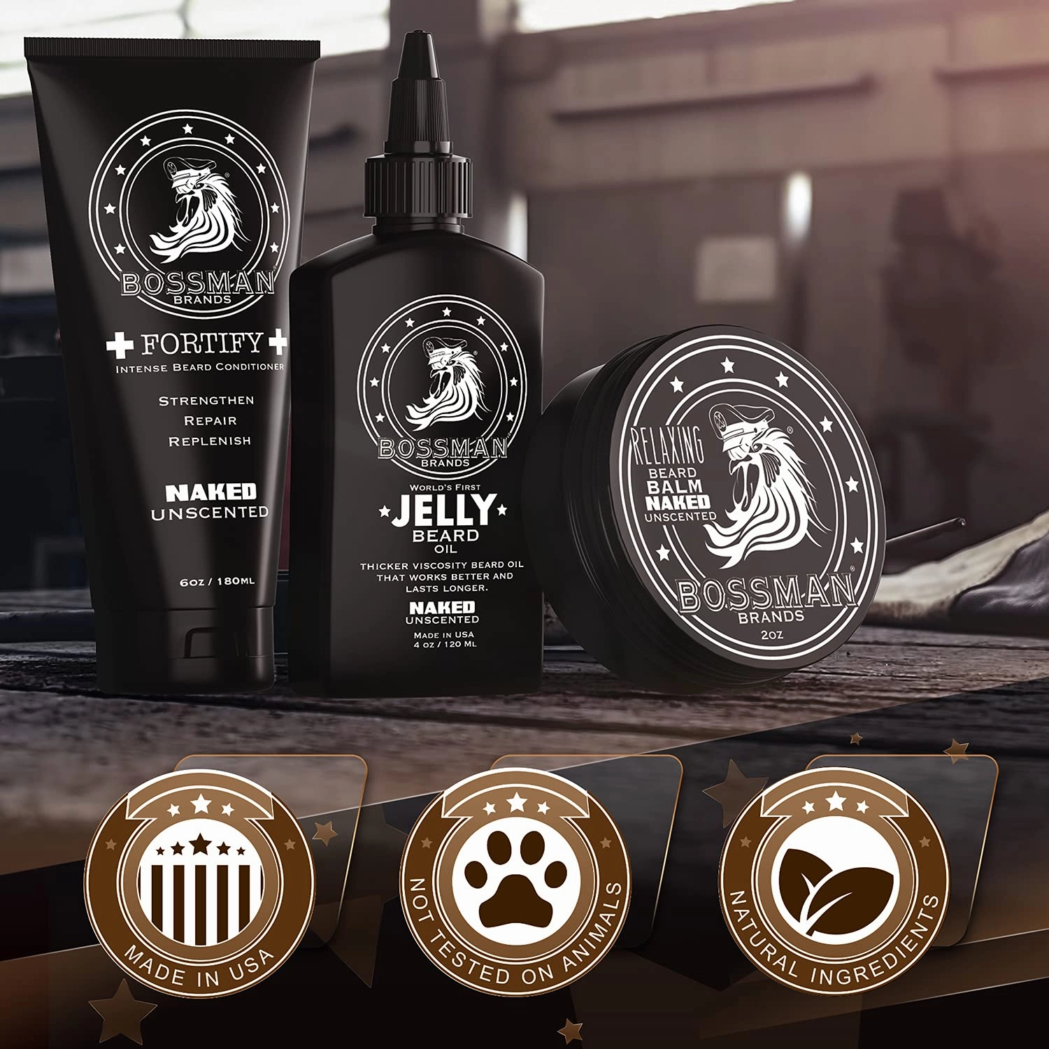 Bossman Essentials Beard Kit for Men – Beard Oil Jelly, Fortifying Conditioner Cream & Beard Balm – Grooming Care Accessories (Naked - Unscented)