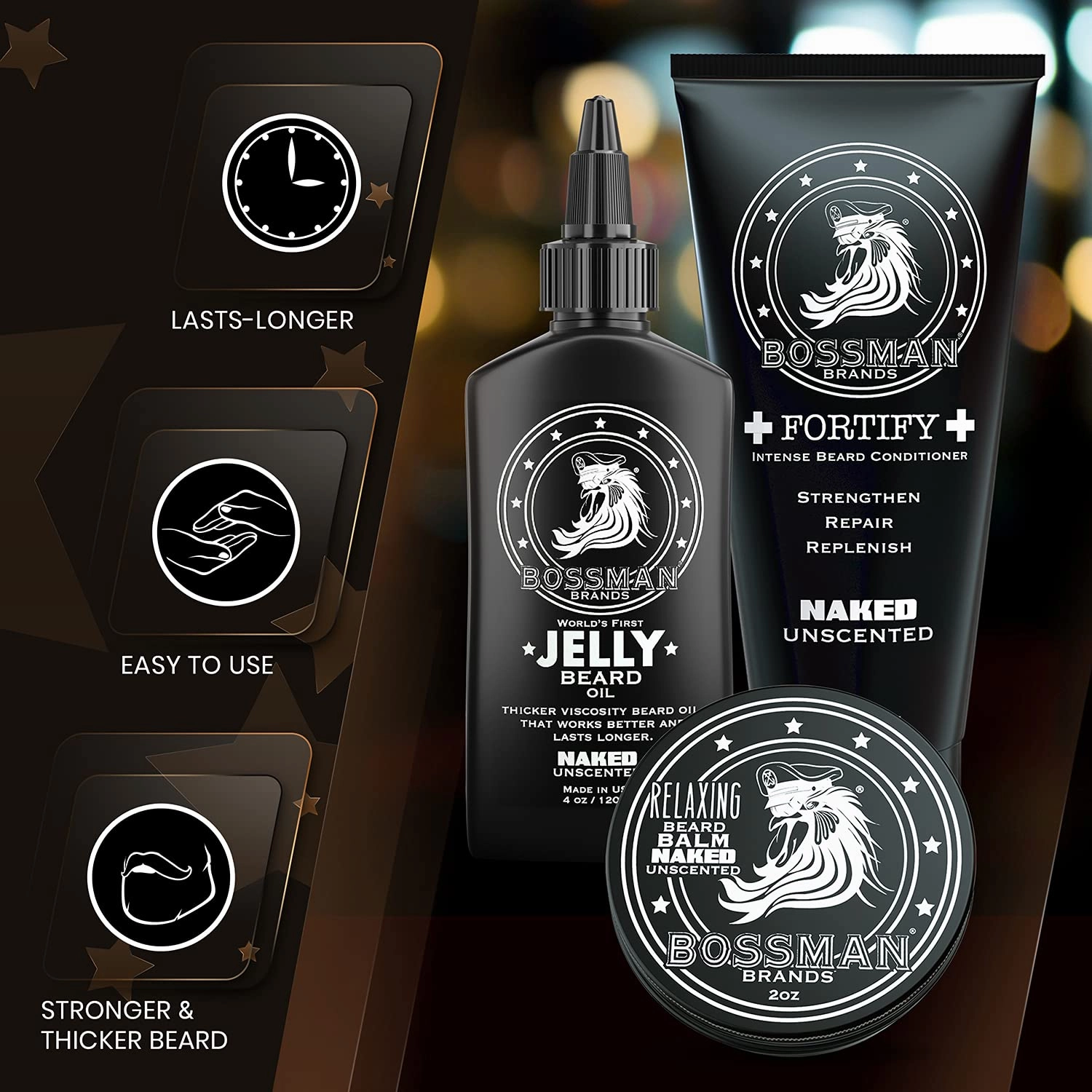 Bossman Essentials Beard Kit for Men – Beard Oil Jelly, Fortifying Conditioner Cream & Beard Balm – Grooming Care Accessories (Naked - Unscented)