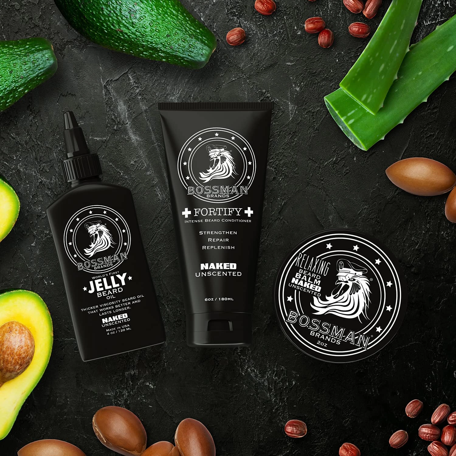 Bossman Essentials Beard Kit for Men – Beard Oil Jelly, Fortifying Conditioner Cream & Beard Balm – Grooming Care Accessories (Naked - Unscented)