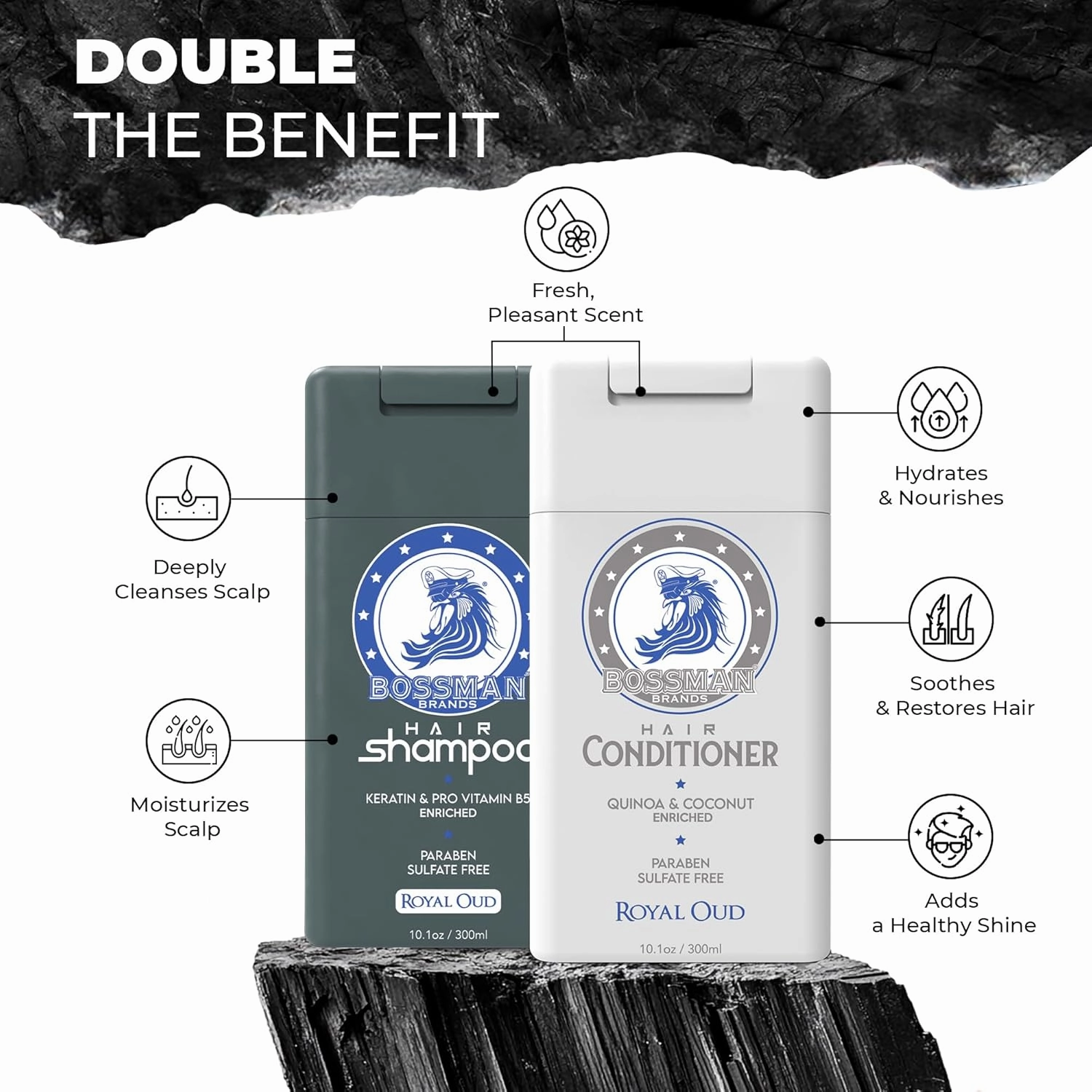 Bossman Hair Shampoo and Conditioner Combo - Hydrating, Strengthening, and Soothing Formula for Men's Hair - Paraben Free & Sulfate Free (Royal Oud)