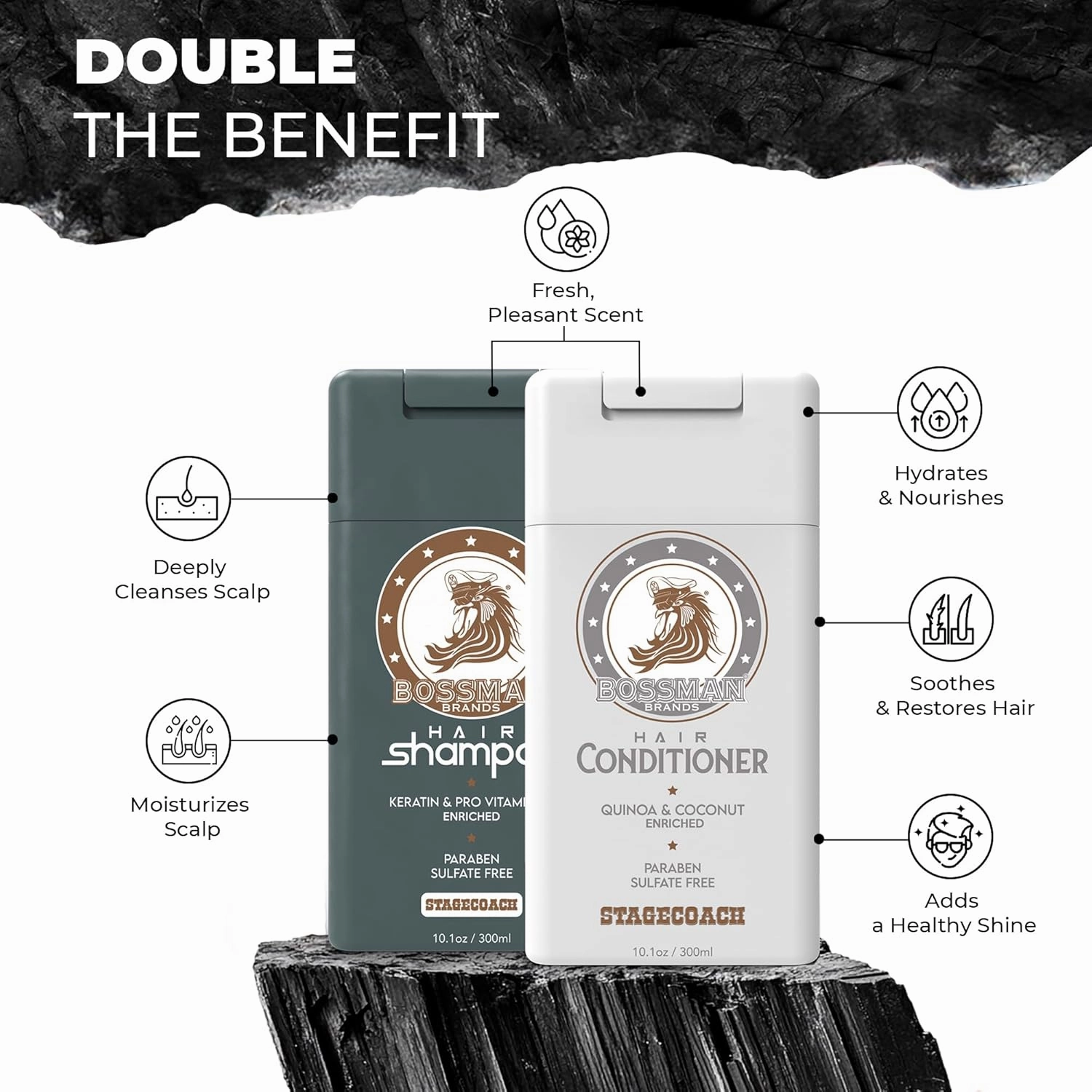 Bossman Hair Shampoo and Conditioner Combo - Hydrating, Strengthening, and Soothing Formula for Men's Hair - Paraben Free & Sulfate Free (Stagecoach)