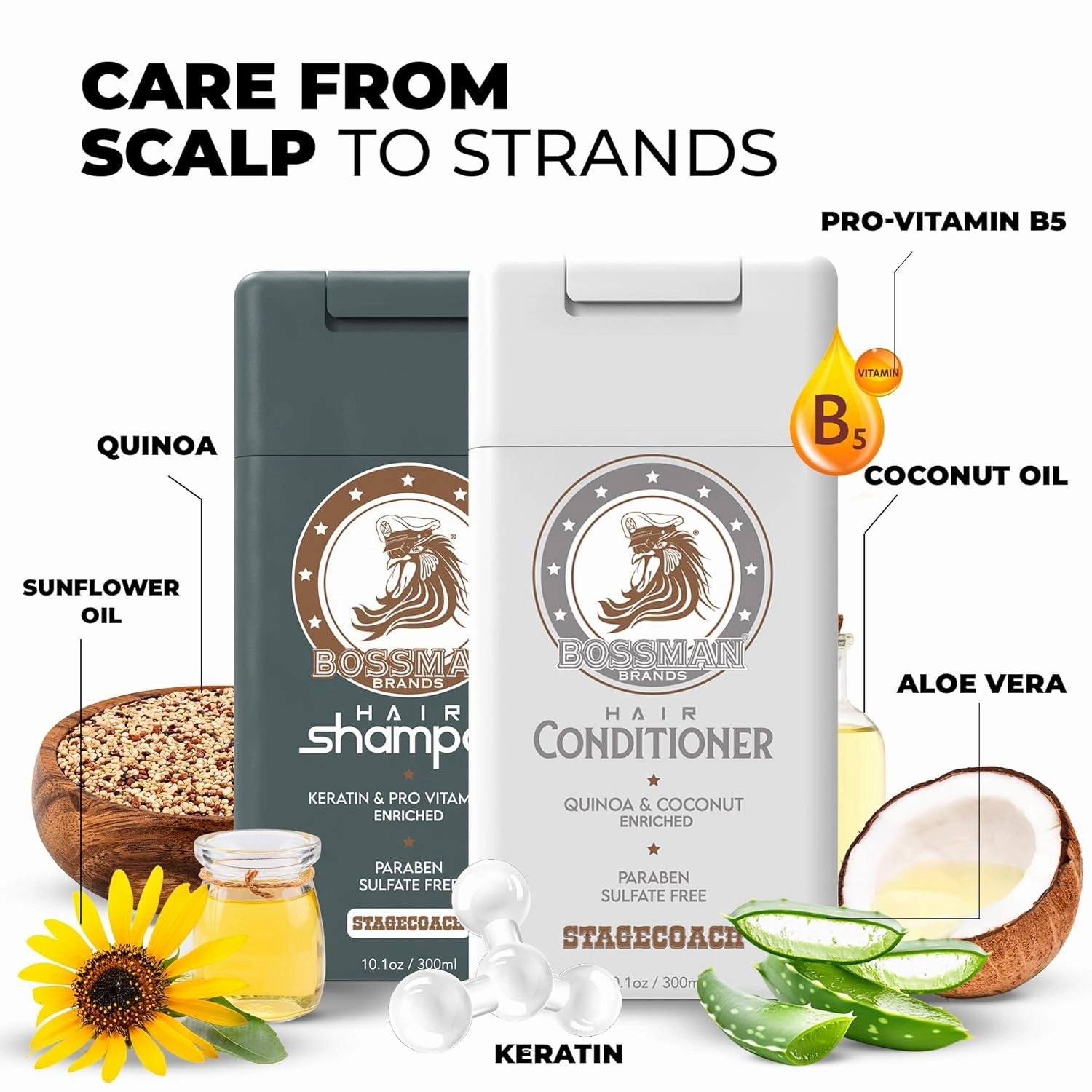 Bossman Hair Shampoo and Conditioner Combo - Hydrating, Strengthening, and Soothing Formula for Men's Hair - Paraben Free & Sulfate Free (Stagecoach)