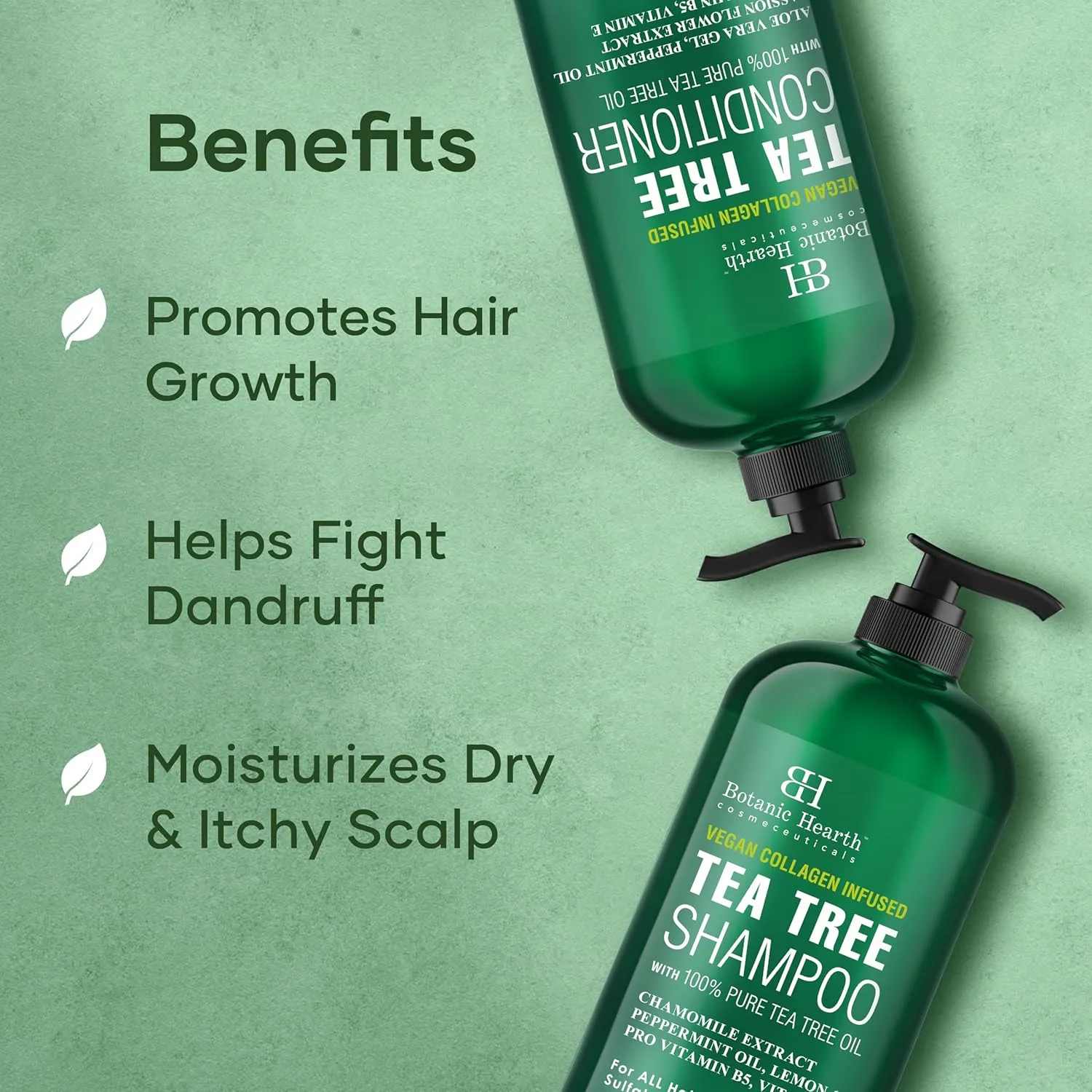 Botanic Hearth Vegan Collagen Infused Tea Tree Shampoo and Conditioner Set, 16 fl oz each - Sulfate Free, Paraben Free - For Itchy and Dry Scalp - Men and Women