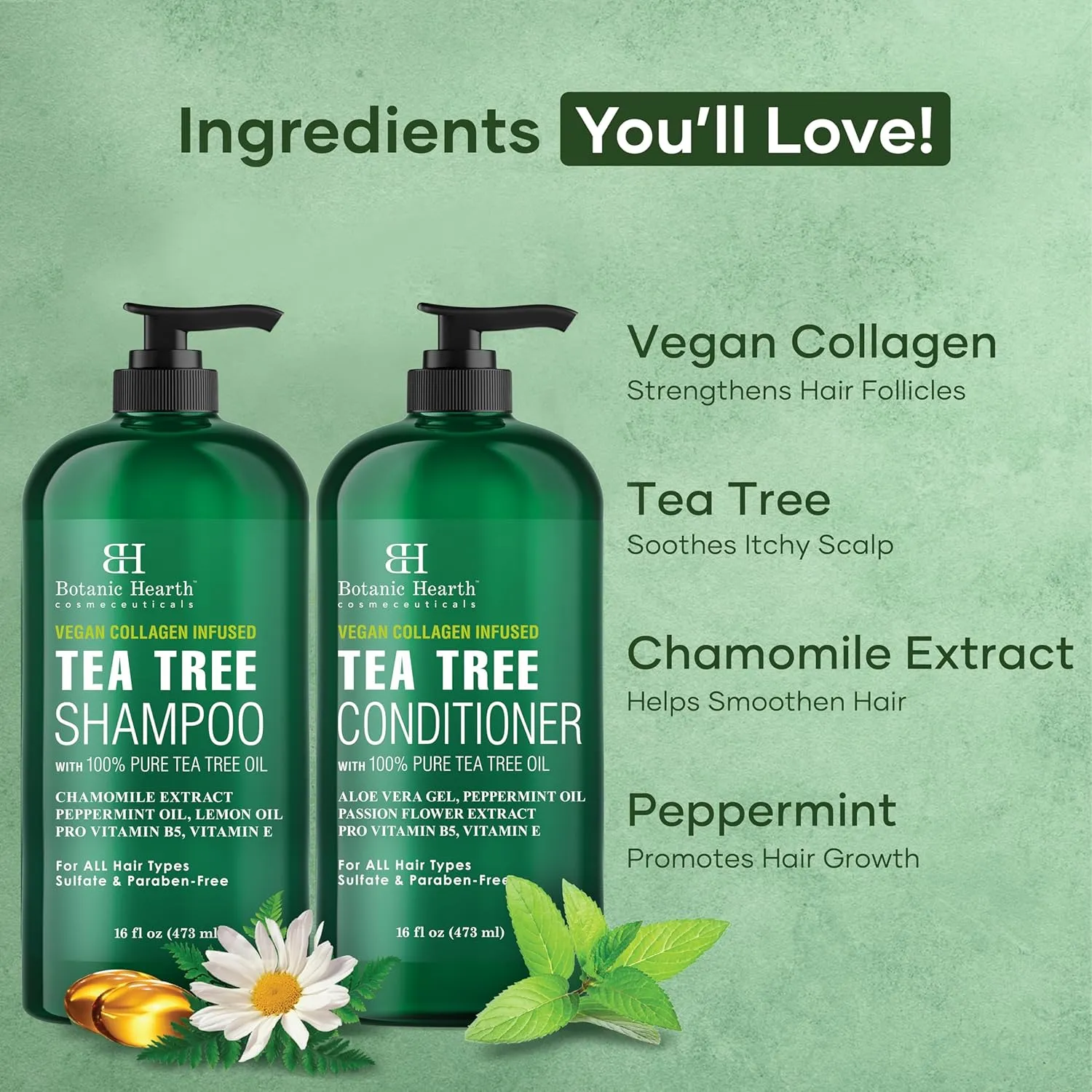 Botanic Hearth Vegan Collagen Infused Tea Tree Shampoo and Conditioner Set, 16 fl oz each - Sulfate Free, Paraben Free - For Itchy and Dry Scalp - Men and Women