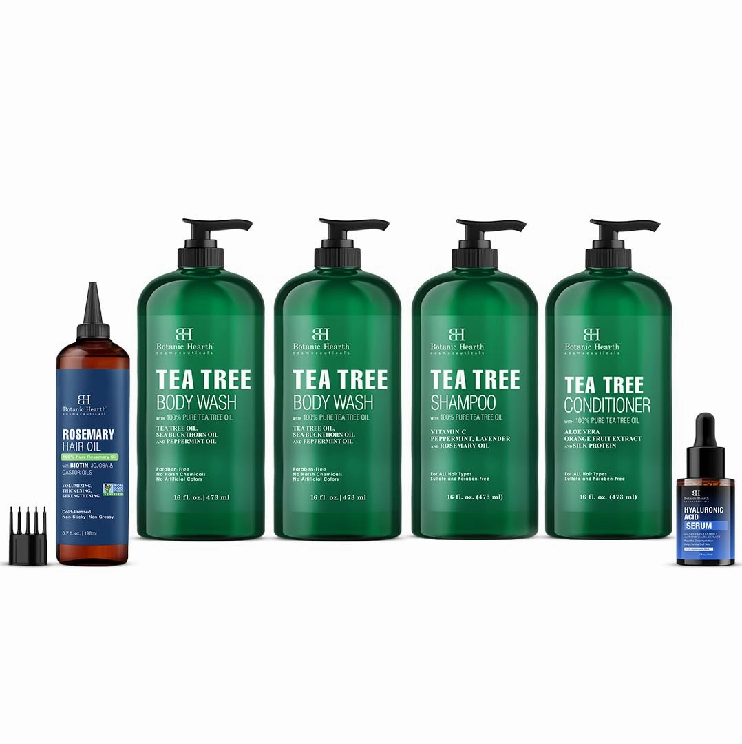 Botanic Hearth Tea Tree Shampoo Conditioner 16 x 2 with Hyaluronic Serum 1 fl oz with Rosemary Hair Oil 6.7 fl oz and Tea Tree body wash 16 x 2 Combo Set