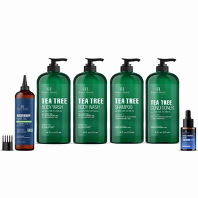 Botanic Hearth Tea Tree Shampoo Conditioner 16 x 2 with Hyaluronic Serum 1 fl oz with Rosemary Hair Oil 6.7 fl oz and Tea Tree body wash 16 x 2 Combo Set