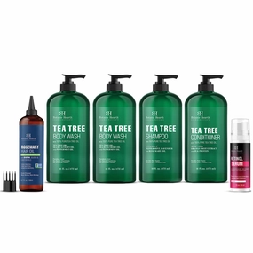 Botanic Hearth Tea Tree Wash 16x2 with Retinol Serum 1 oz with Rosemary Oil 6.7 oz and Tea Tree Shampoo & Conditioner 32 oz Combo Set