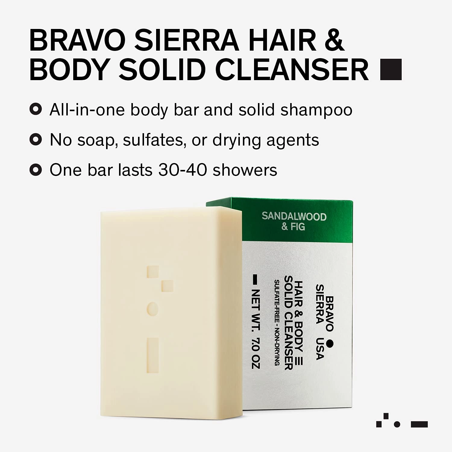Bravo Sierra Body and Hair Mens Soap Bar, 2-Pack - All-In-One Shampoo & Soap for Face, Hair & Body - Sandalwood & Fig, 7 oz - Coconut, Shea Butter & Oat Flour for Soft Skin & Healthy Hair