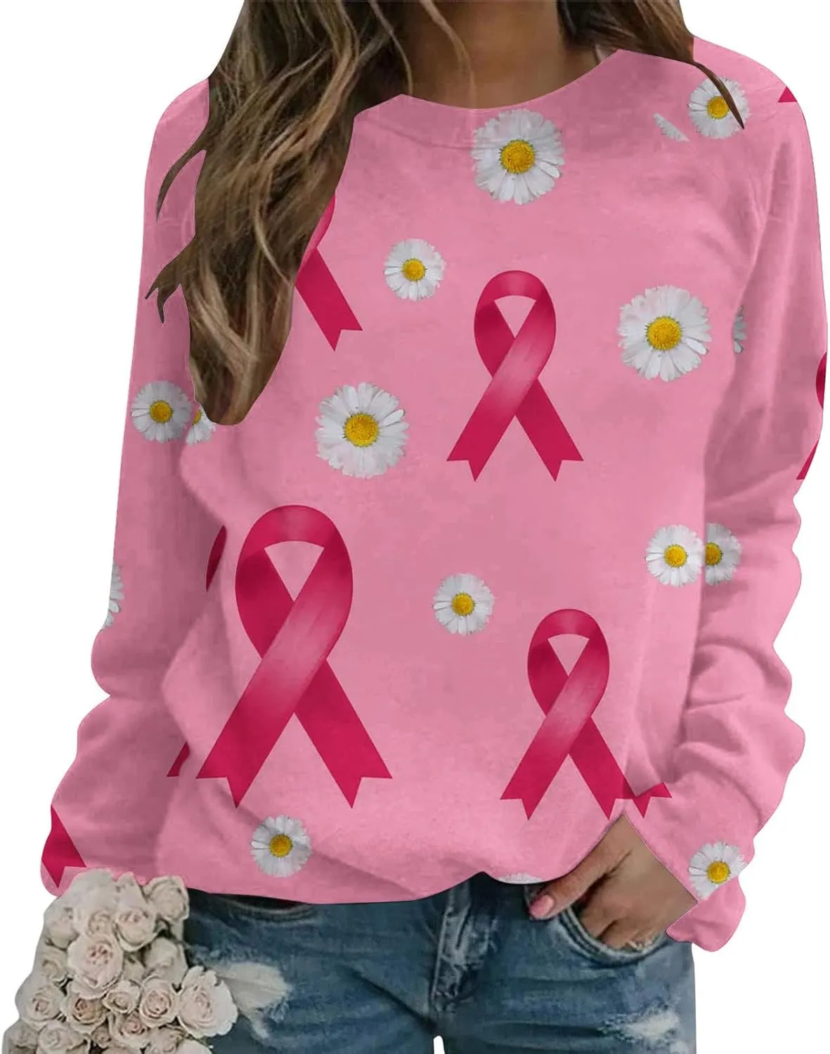 Breast Cancer Awareness Shirts Long Sleeve Pink Ribbon Crewneck Sweatshirts Loose Fit Awareness Survivor Blouse Tops