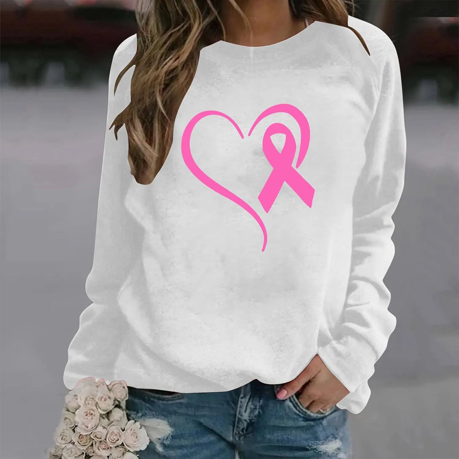 Breast Cancer Awareness Shirts Long Sleeve Pink Ribbon Crewneck Sweatshirts Loose Fit Awareness Survivor Blouse Tops
