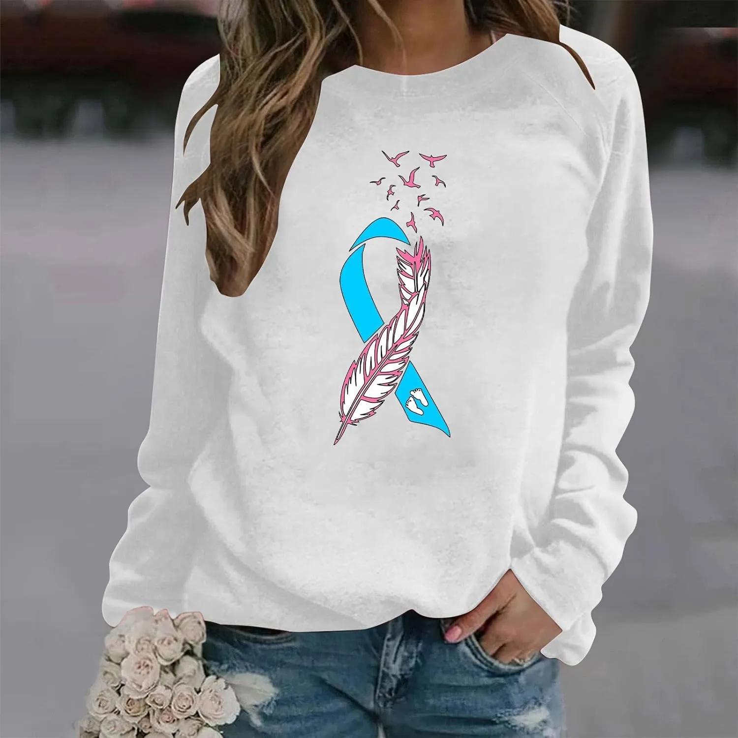 Breast Cancer Awareness Shirts Long Sleeve Pink Ribbon Crewneck Sweatshirts Loose Fit Awareness Survivor Blouse Tops