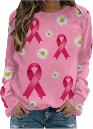 Breast Cancer Awareness Shirts Long Sleeve Pink Ribbon Crewneck Sweatshirts Loose Fit Awareness Survivor Blouse Tops