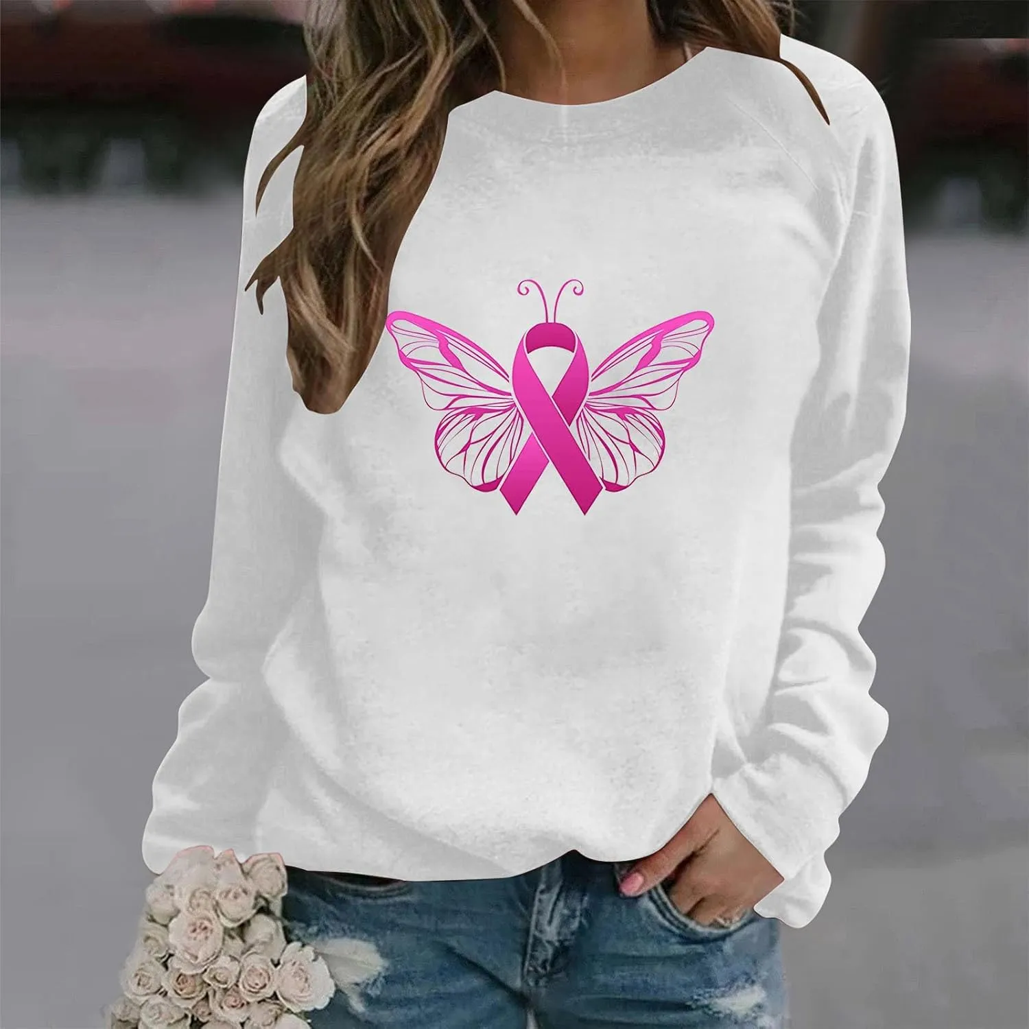 Breast Cancer Shirt for Women Long Sleeve Pink Ribbon Graphic Blouses Causal Dressy Crewneck Awareness Sweatshirts