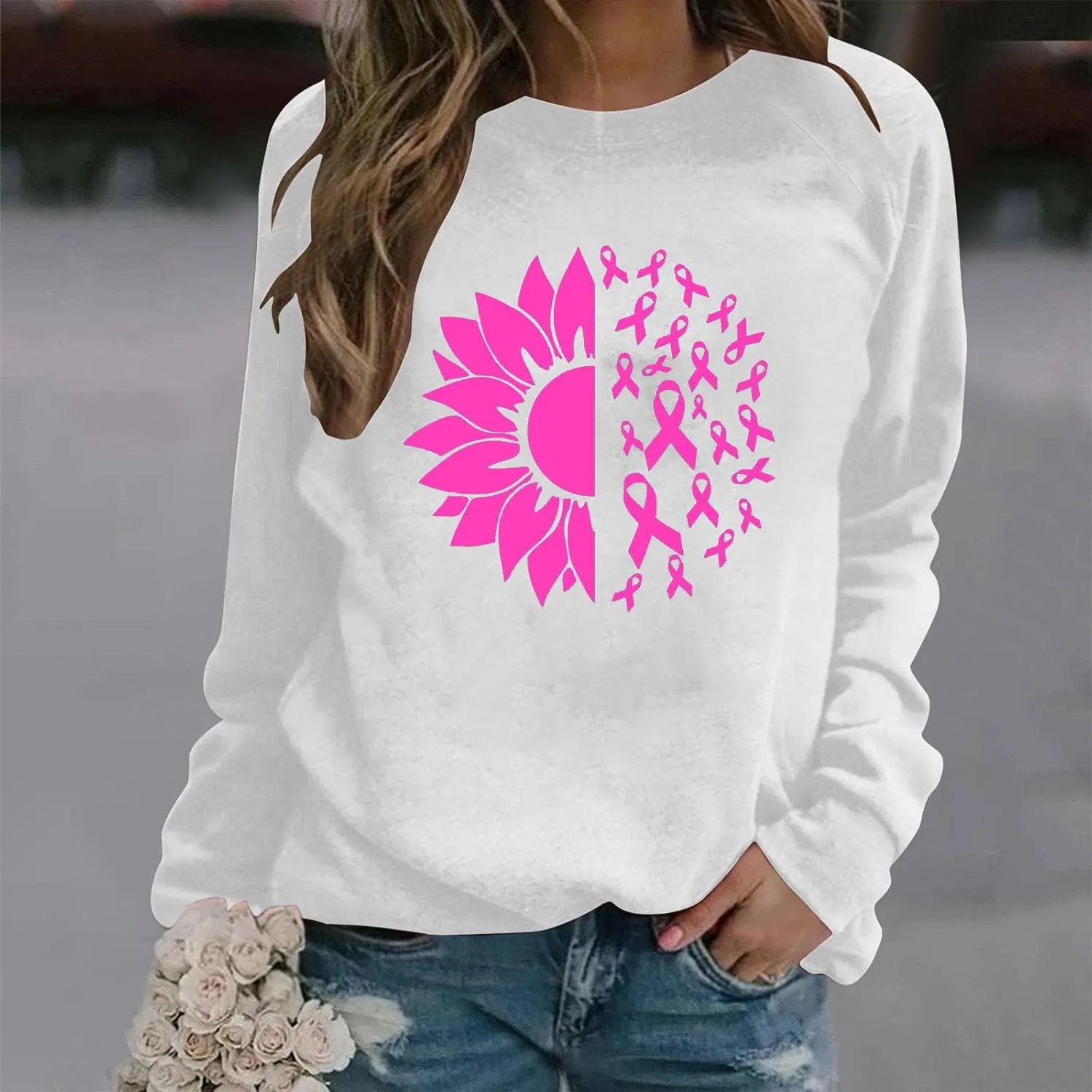 Breast Cancer Shirt for Women Long Sleeve Pink Ribbon Graphic Blouses Causal Dressy Crewneck Awareness Sweatshirts