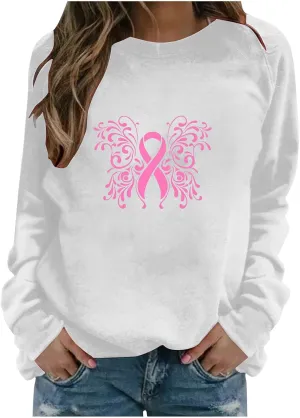 Breast Cancer Shirt for Women Long Sleeve Pink Ribbon Graphic Blouses Causal Dressy Crewneck Awareness Sweatshirts