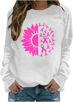 Breast Cancer Shirt for Women Long Sleeve Pink Ribbon Graphic Blouses Causal Dressy Crewneck Awareness Sweatshirts