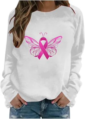 Breast Cancer Shirt for Women Long Sleeve Pink Ribbon Graphic Blouses Causal Dressy Crewneck Awareness Sweatshirts