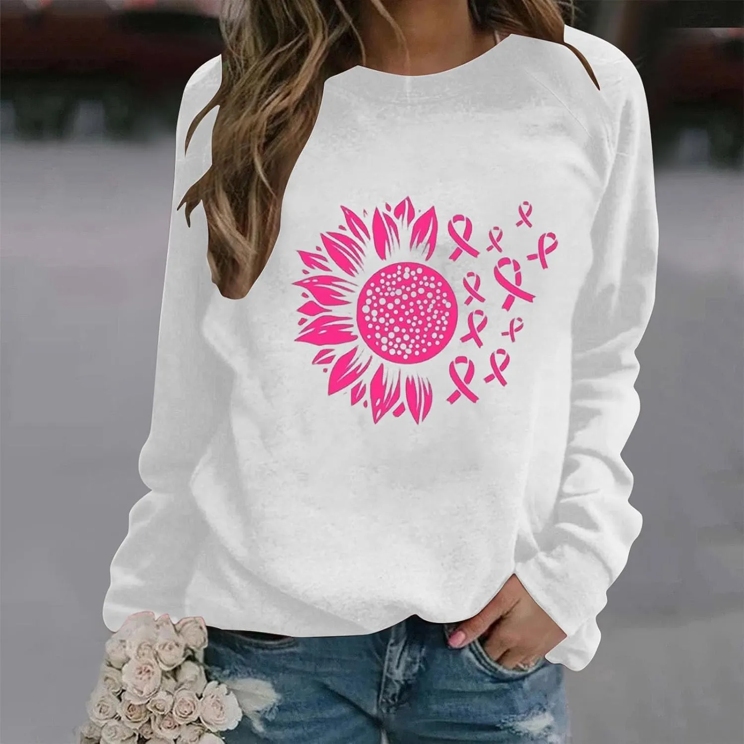 Breast Cancer Shirt for Women Long Sleeve Pink Ribbon Graphic Blouses Causal Dressy Crewneck Awareness Sweatshirts