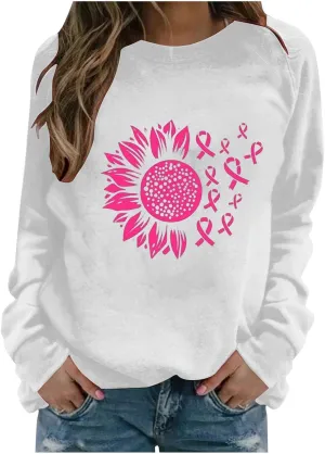 Breast Cancer Shirt for Women Long Sleeve Pink Ribbon Graphic Blouses Causal Dressy Crewneck Awareness Sweatshirts