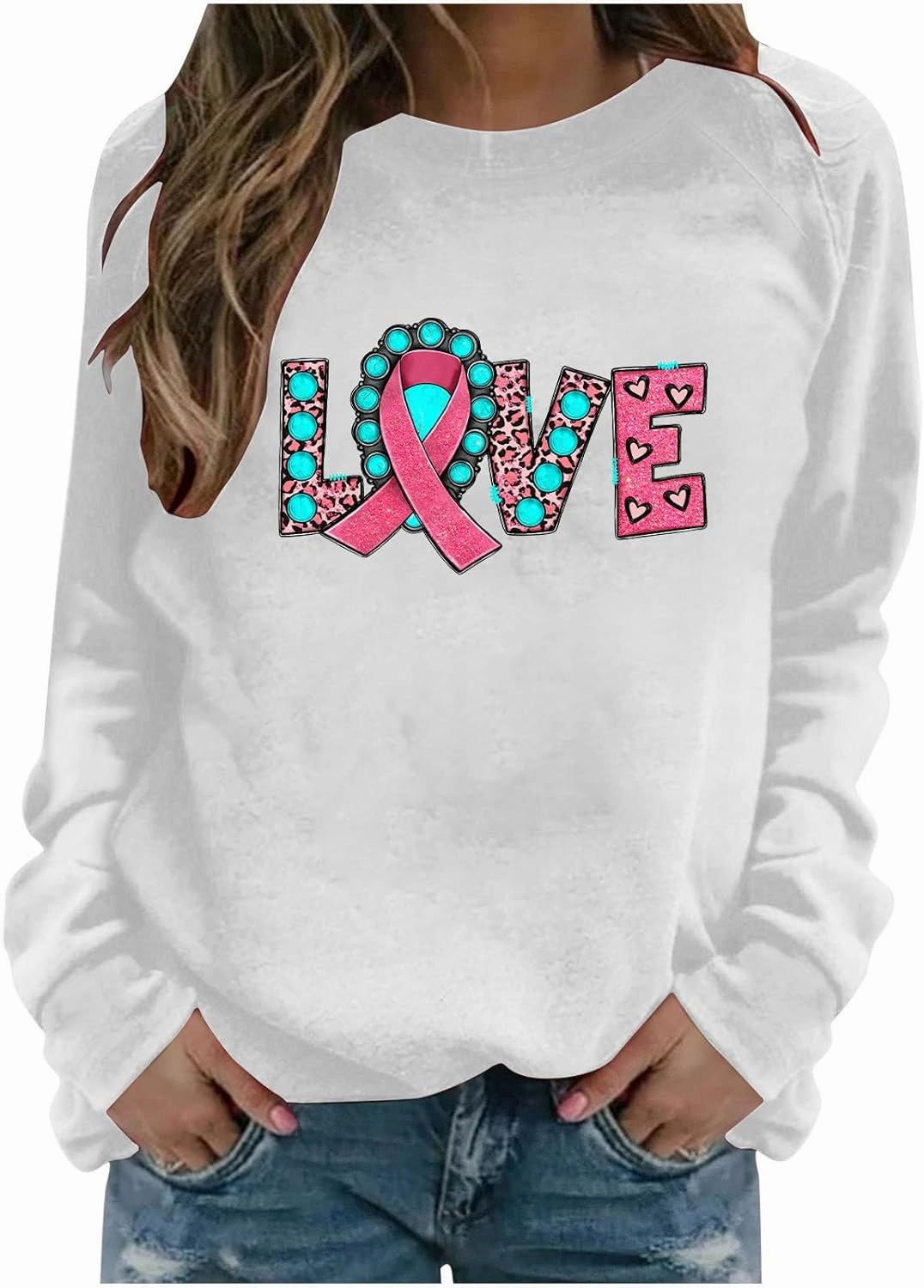 Breast Cancer Awareness Shirts Long Sleeve Pink Ribbon Crewneck Sweatshirts Loose Fit Awareness Survivor Blouse Tops