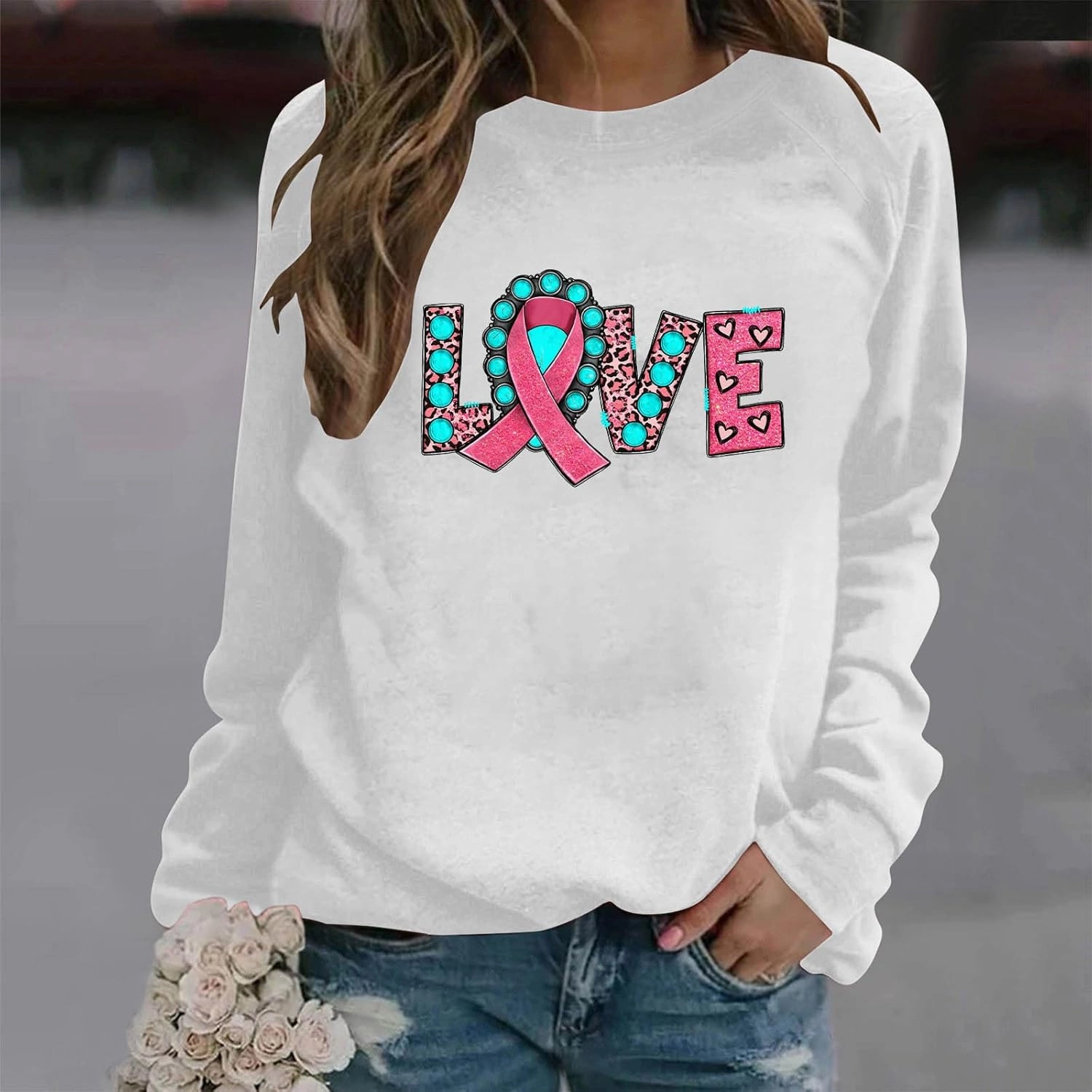 Breast Cancer Awareness Shirts Long Sleeve Pink Ribbon Crewneck Sweatshirts Loose Fit Awareness Survivor Blouse Tops