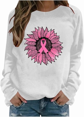 Breast Cancer Shirt for Women Long Sleeve Pink Ribbon Graphic Blouses Causal Dressy Crewneck Awareness Sweatshirts