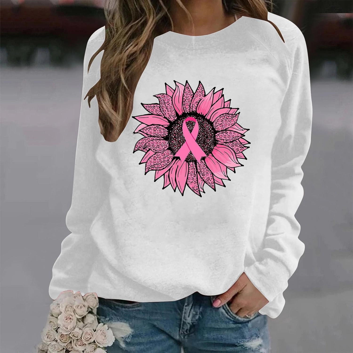 Breast Cancer Shirt for Women Long Sleeve Pink Ribbon Graphic Blouses Causal Dressy Crewneck Awareness Sweatshirts